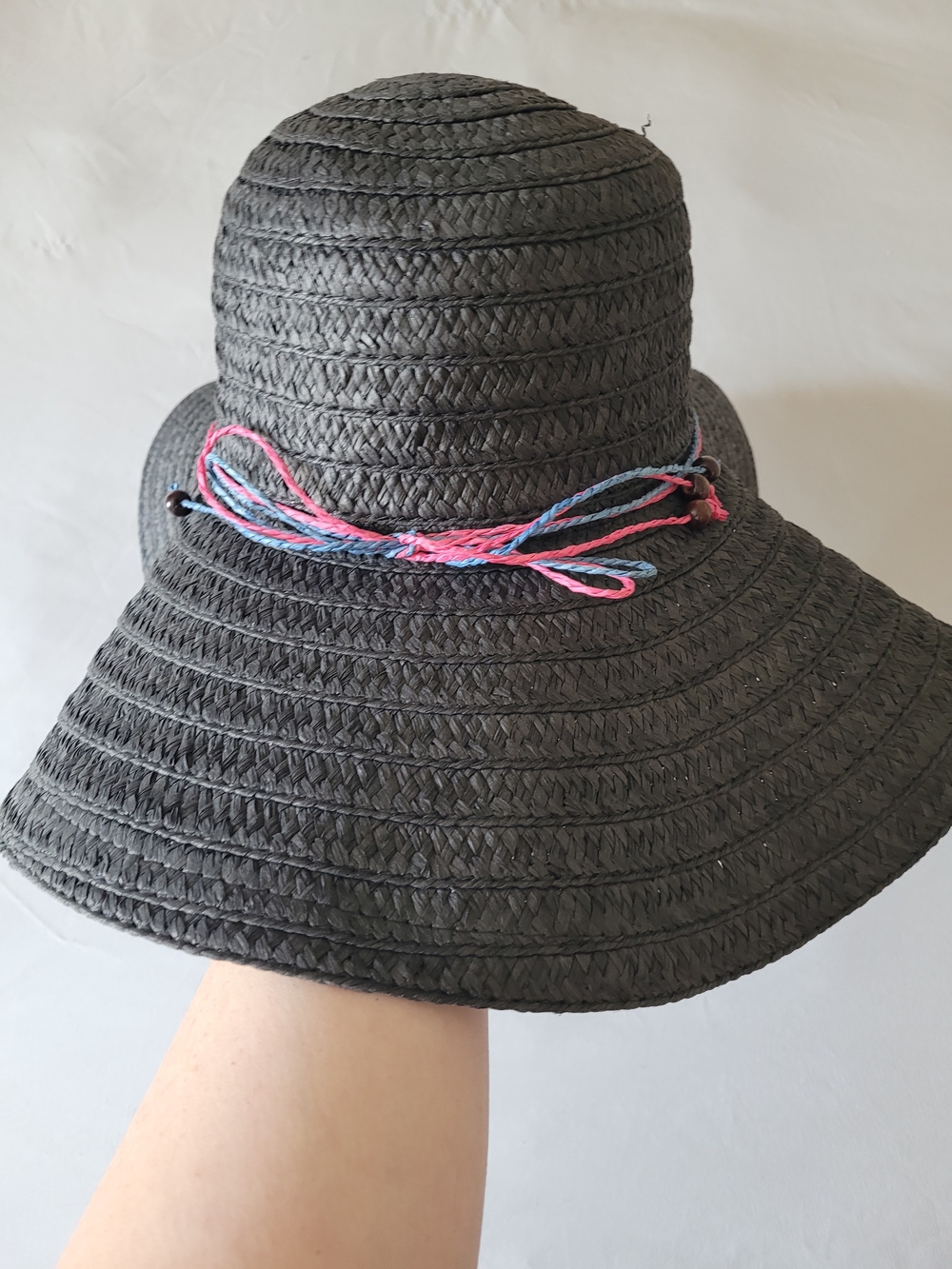 Black Wide Brim Straw Sun Hat with Pink & Blue Braid